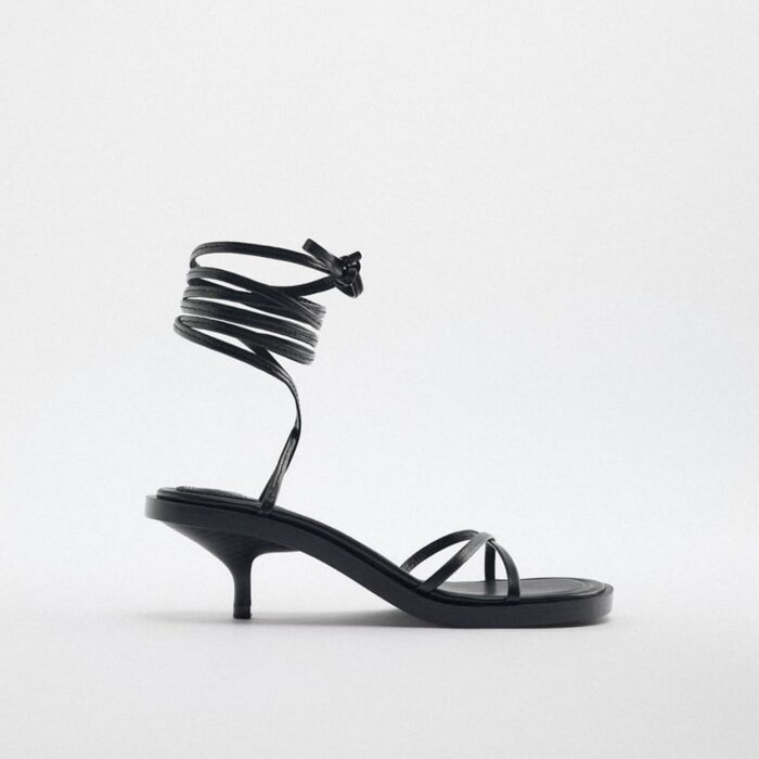 Lace Up Mid-Heel Leather Sandals